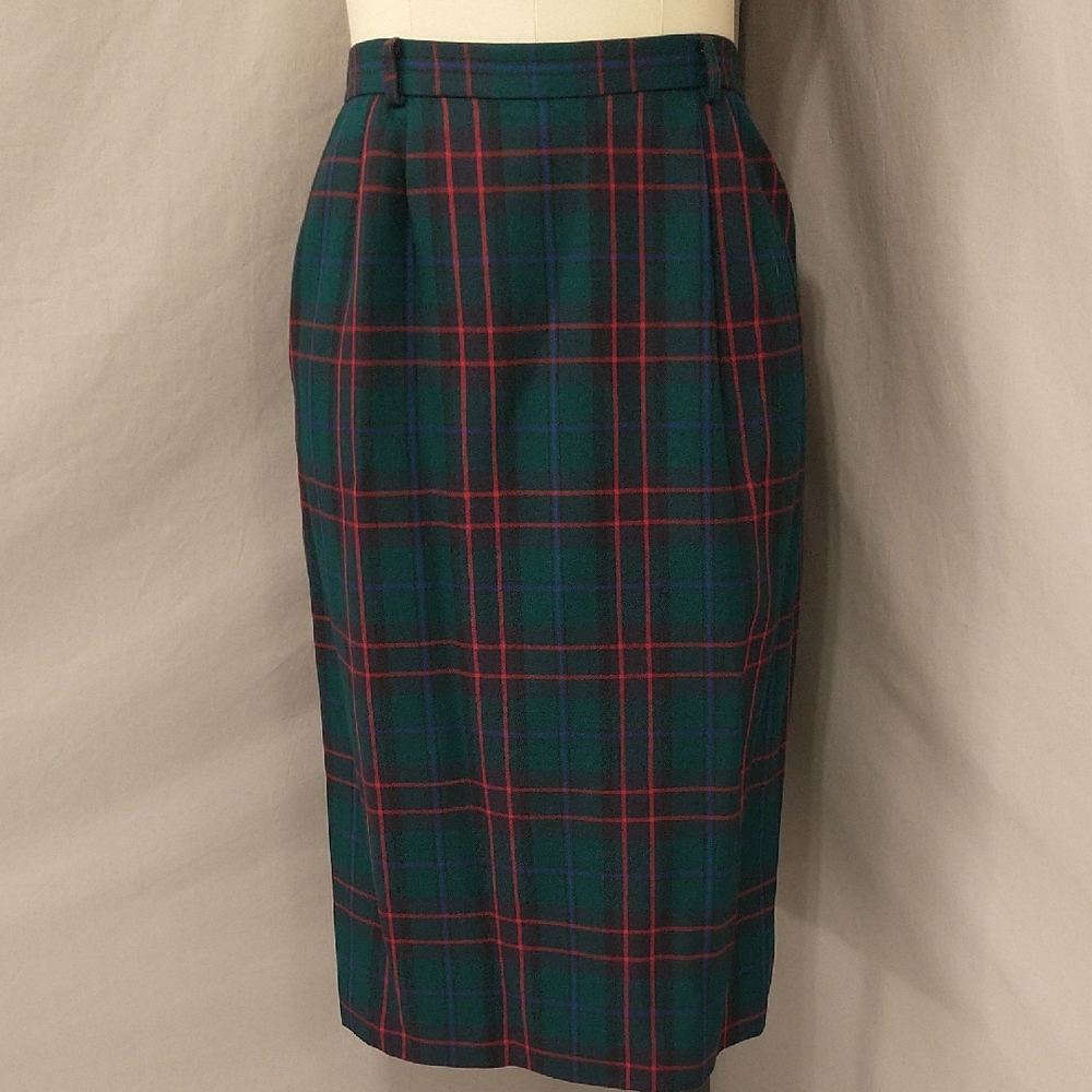 Plaid Skirt Green & Red Vintage Wool Blend Straight w Pockets Mrk14 Fit 12 USA